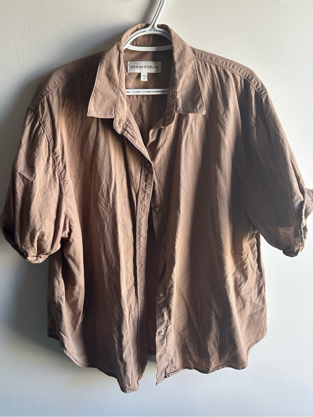 Aritzia Denim Forum Short-Sleeve Button-Down Shirt Taupe Brown